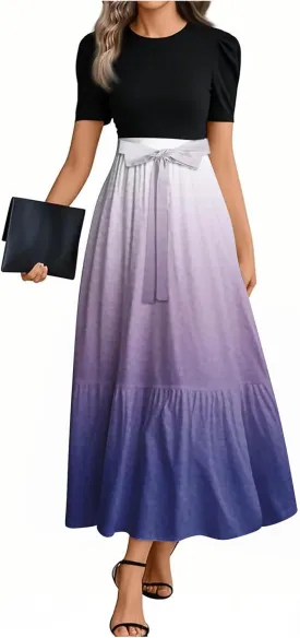 Summer Dresses for Women Tie Belted Elegant Dress Floral Print Flowy Short Sleeve Dress Patchwork Empire Waist Maxi Dress