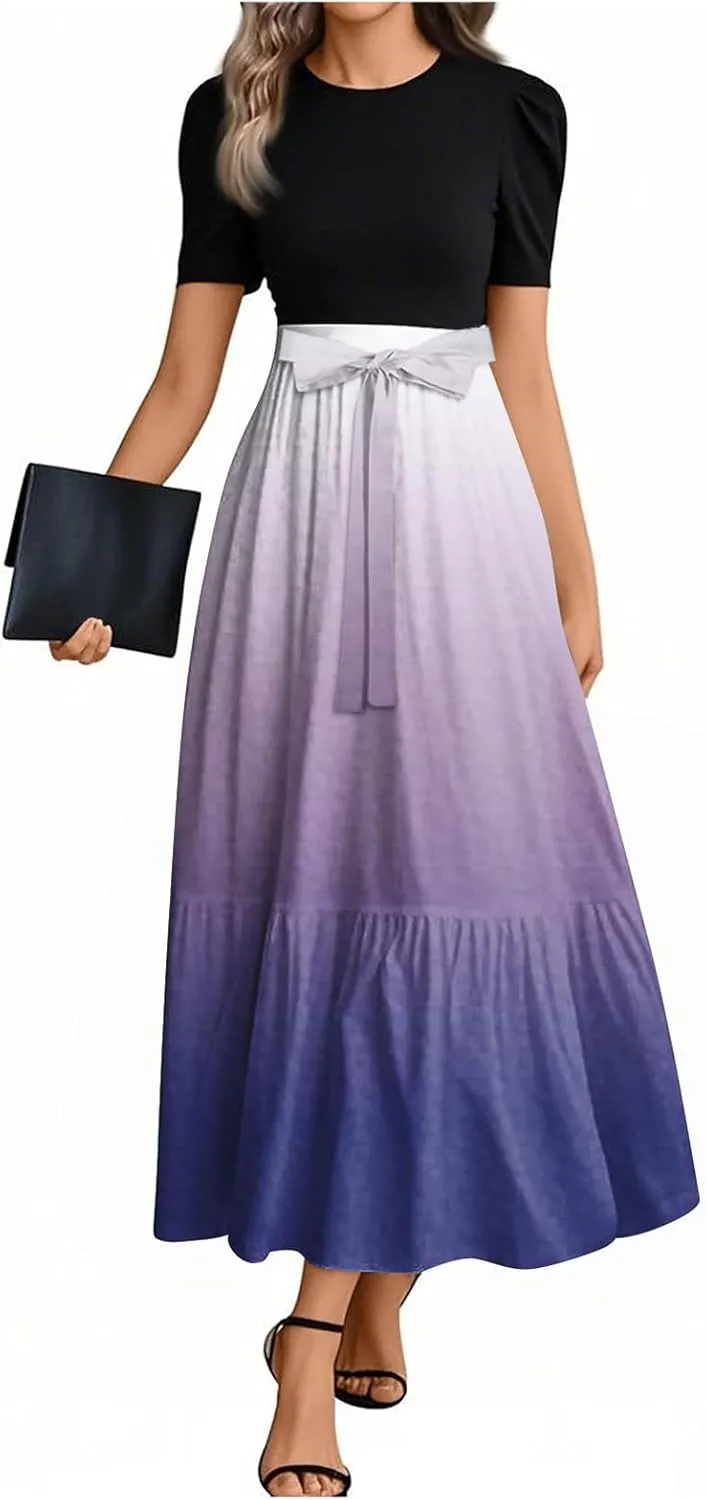 Summer Dresses for Women Tie Belted Elegant Dress Floral Print Flowy Short Sleeve Dress Patchwork Empire Waist Maxi Dress