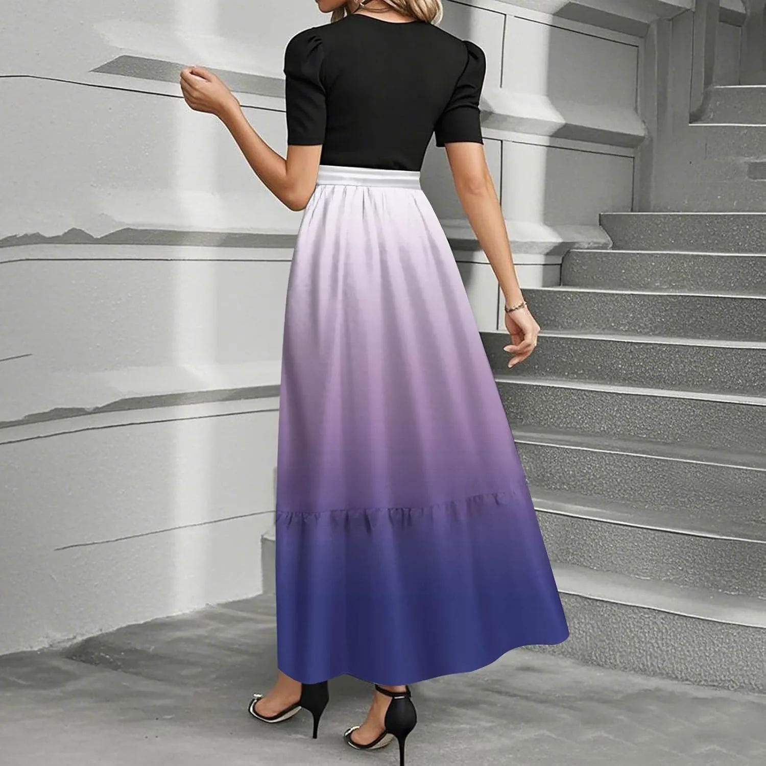 Summer Dresses for Women Tie Belted Elegant Dress Floral Print Flowy Short Sleeve Dress Patchwork Empire Waist Maxi Dress