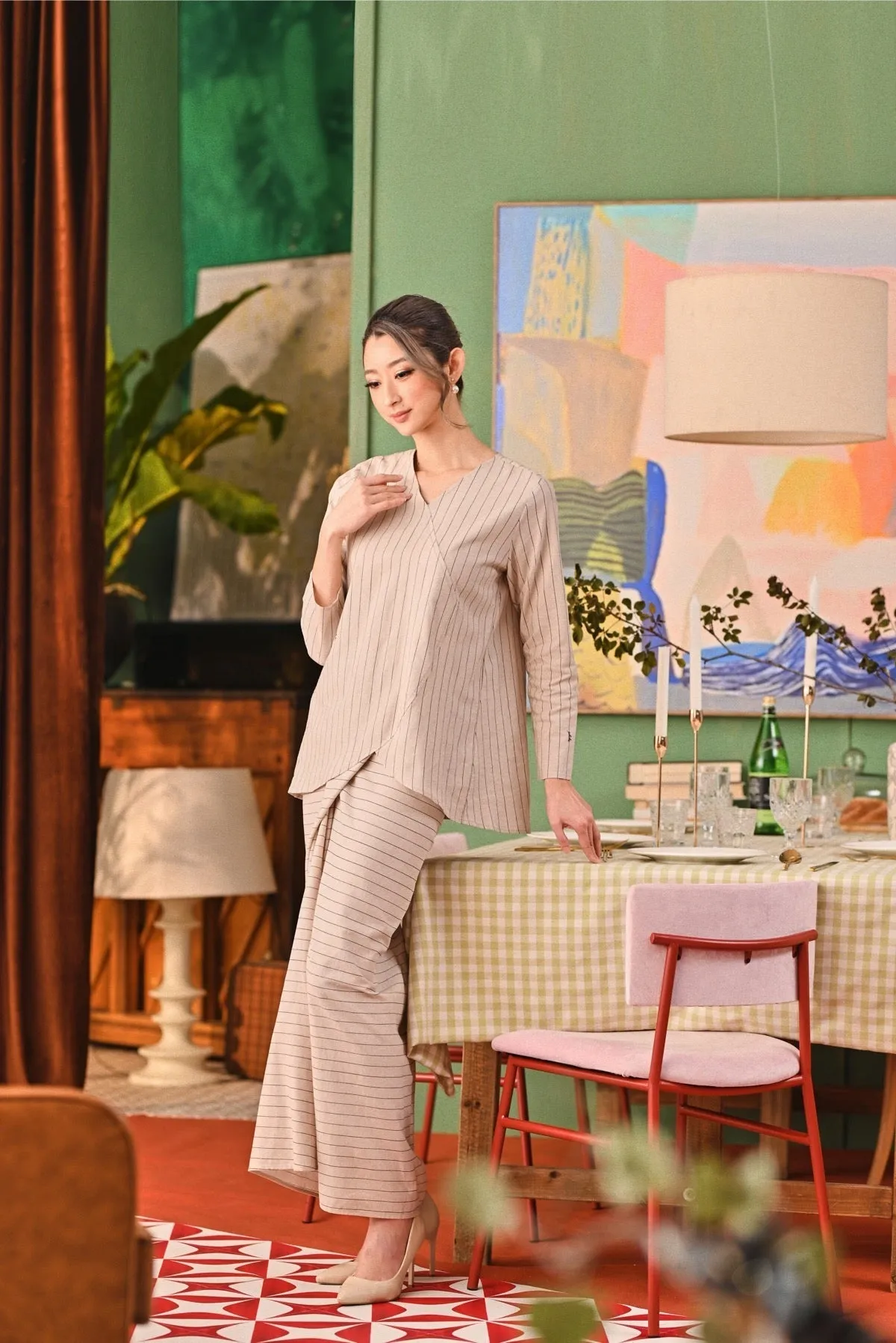 The Capai Women Wrap Skirt - Champagne Pinstripe