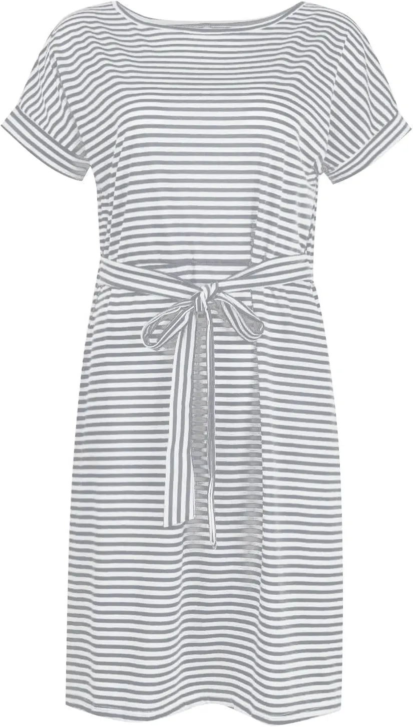 Tshirt Dress Women Casual Short Sleeve Tie Waist Dress with Pockets Loose Fit Crewneck Striped Midi Pencil Dresses