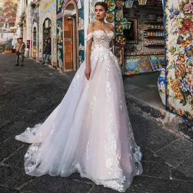 Tulle Sweep Train A-Line Princess Off-The-Shoulder Zipper Wedding Dress With Appliqued