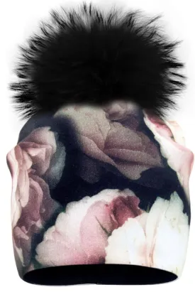 Tuque de Coton (Roses avec Pompon Noir) de La Fleur Mode