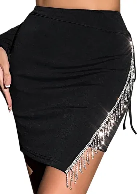 TYNORA Women's Shiny Fringe Rhinestone Slit Hem High Waisted Sexy Bodycon Mini Skirt Dance Party Dress