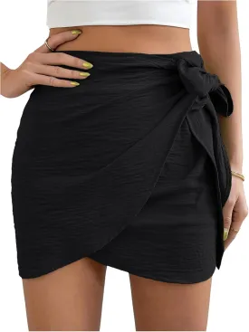 Verdusa Women's Casual Knot Side Split Wrap High Waist Bodycon Mini Skirt