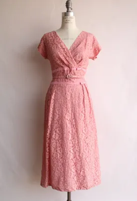 Vintage 1940s 1950s  Dress with Belt in Pink Lace