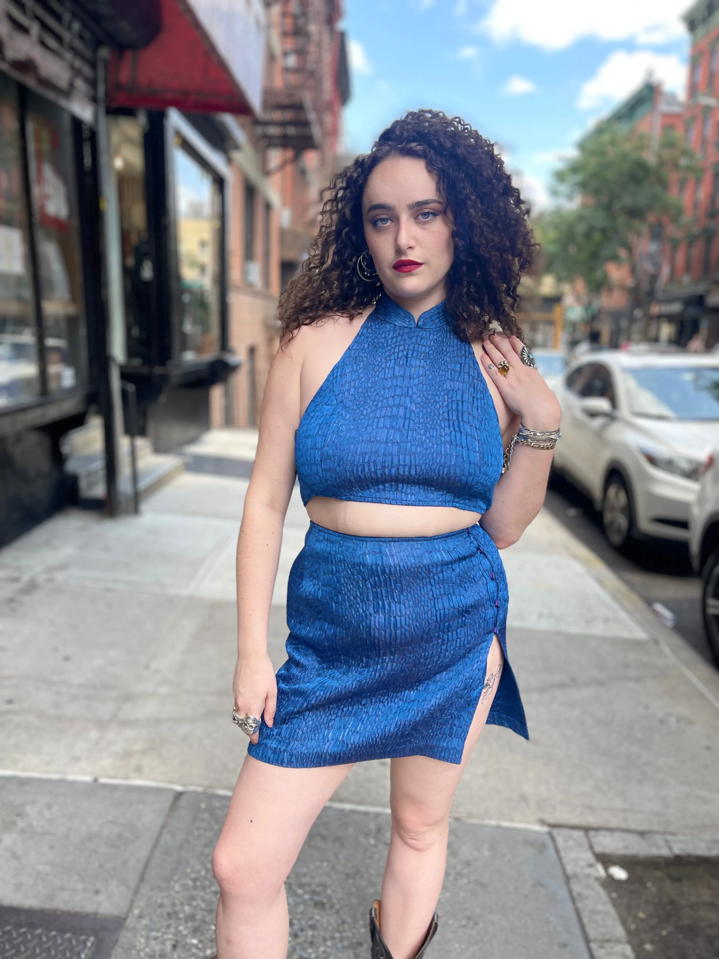 Vintage Y2K Plus Size Blue Python Shiny Two Piece