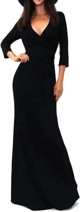 Vivicastle Women's USA Solid V-Neck 3/4 Sleeve Faux Wrap Waist Long Maxi Dress