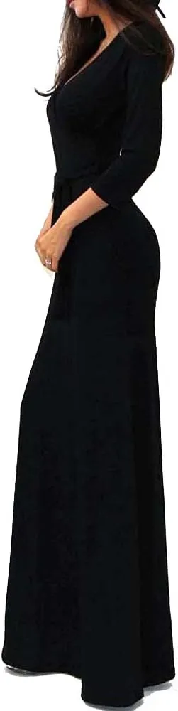 Vivicastle Women's USA Solid V-Neck 3/4 Sleeve Faux Wrap Waist Long Maxi Dress