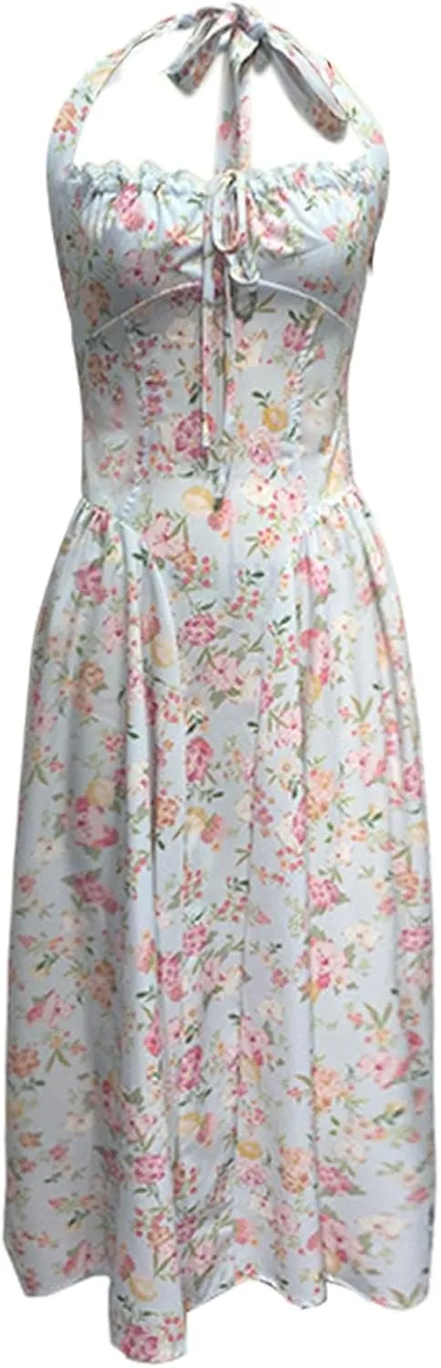 Women Floral Corset Dress Sleeveless Halter Low Cut Tie Bustier Lace Midi Dress Flowy Pleated Hem Long Sundress