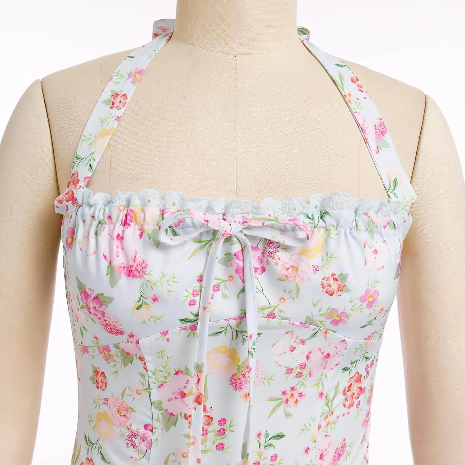 Women Floral Corset Dress Sleeveless Halter Low Cut Tie Bustier Lace Midi Dress Flowy Pleated Hem Long Sundress
