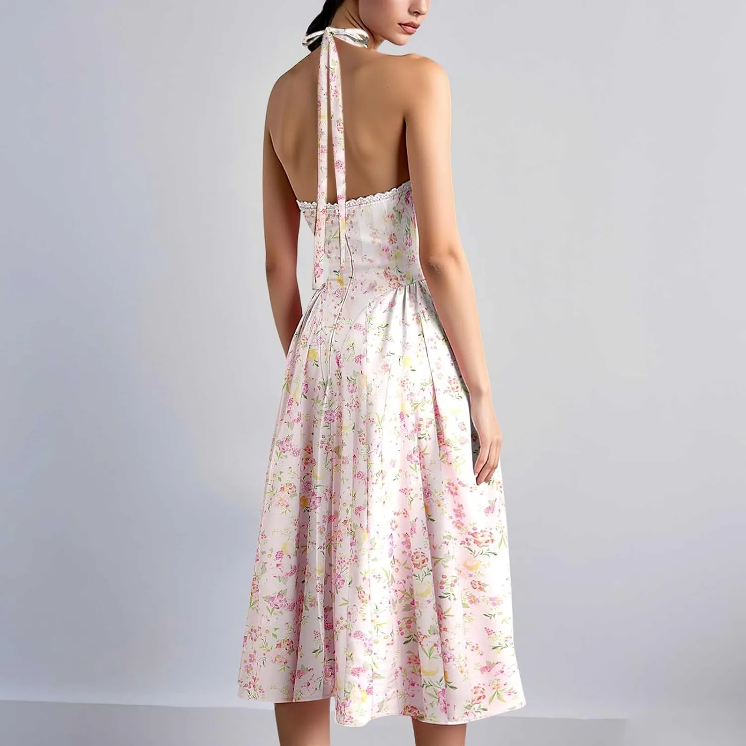 Women Floral Corset Dress Sleeveless Halter Low Cut Tie Bustier Lace Midi Dress Flowy Pleated Hem Long Sundress