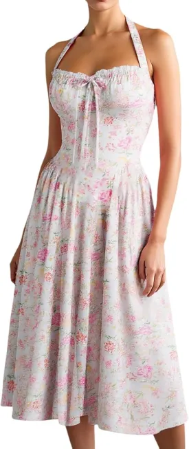 Women Floral Corset Dress Sleeveless Halter Low Cut Tie Bustier Lace Midi Dress Flowy Pleated Hem Long Sundress