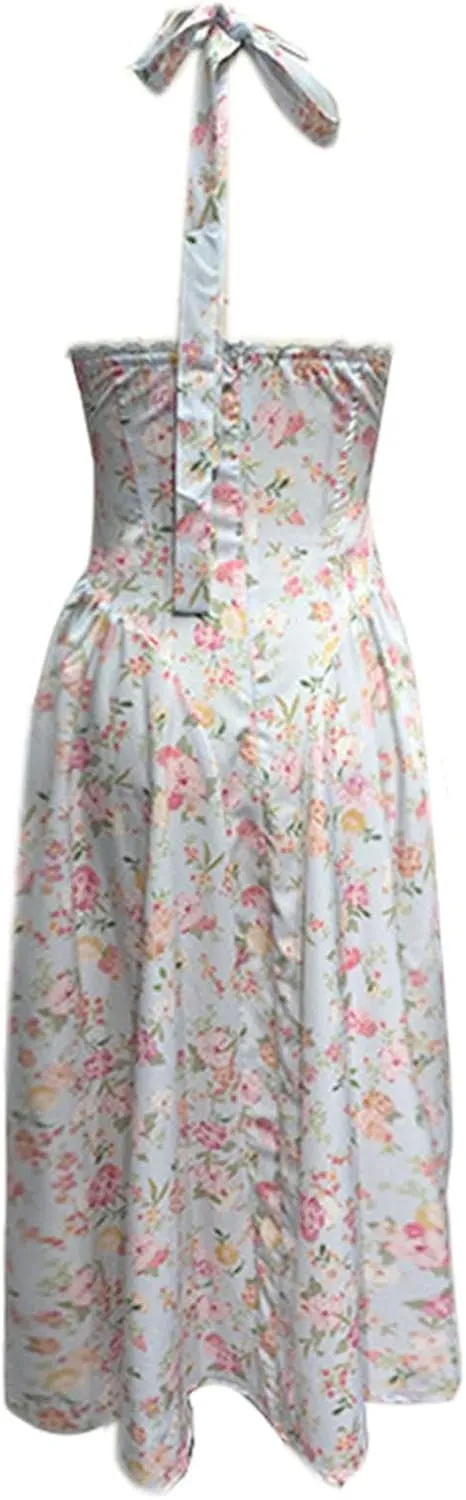 Women Floral Corset Dress Sleeveless Halter Low Cut Tie Bustier Lace Midi Dress Flowy Pleated Hem Long Sundress
