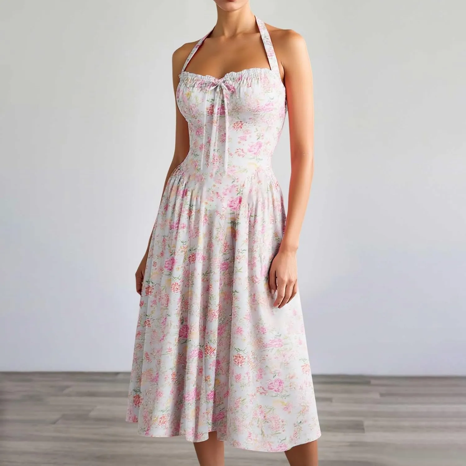 Women Floral Corset Dress Sleeveless Halter Low Cut Tie Bustier Lace Midi Dress Flowy Pleated Hem Long Sundress
