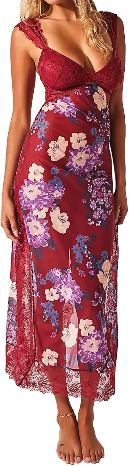 Women Sleeveless Maxi Dress Backless Bodycon Floral Printed Spaghetti Strap Long Dress Summer Lace Cutout Dress