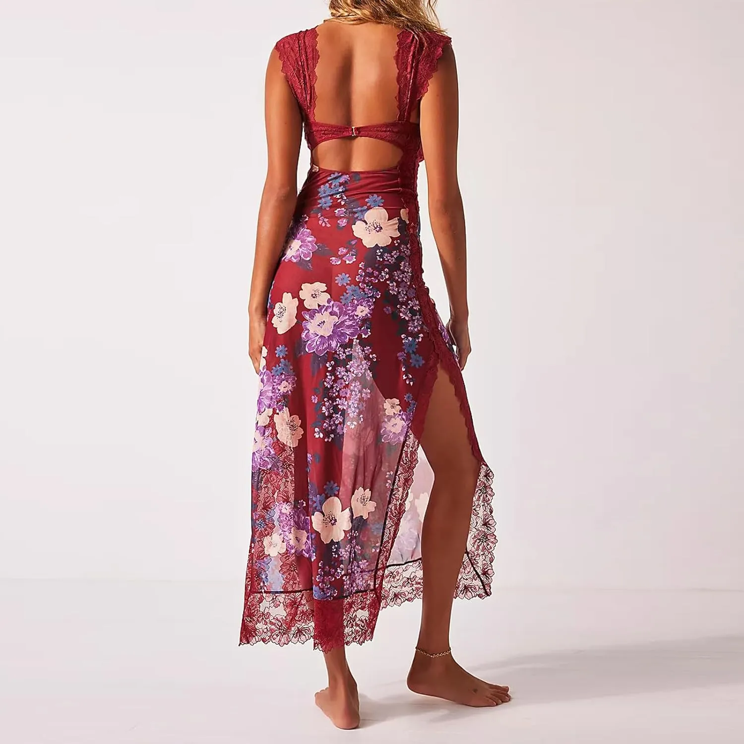 Women Sleeveless Maxi Dress Backless Bodycon Floral Printed Spaghetti Strap Long Dress Summer Lace Cutout Dress