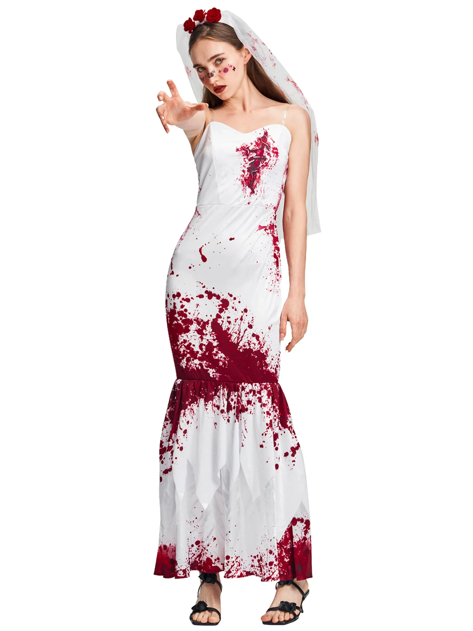 Women Zombie Bride Fishtail Dress Headband Set Halloween Costume