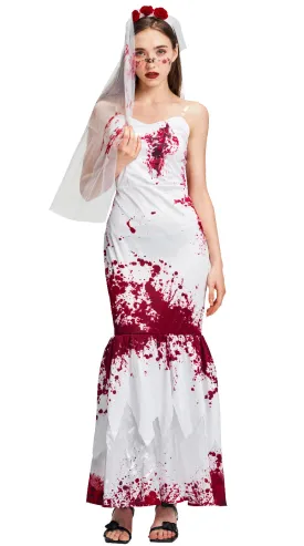 Women Zombie Bride Fishtail Dress Headband Set Halloween Costume