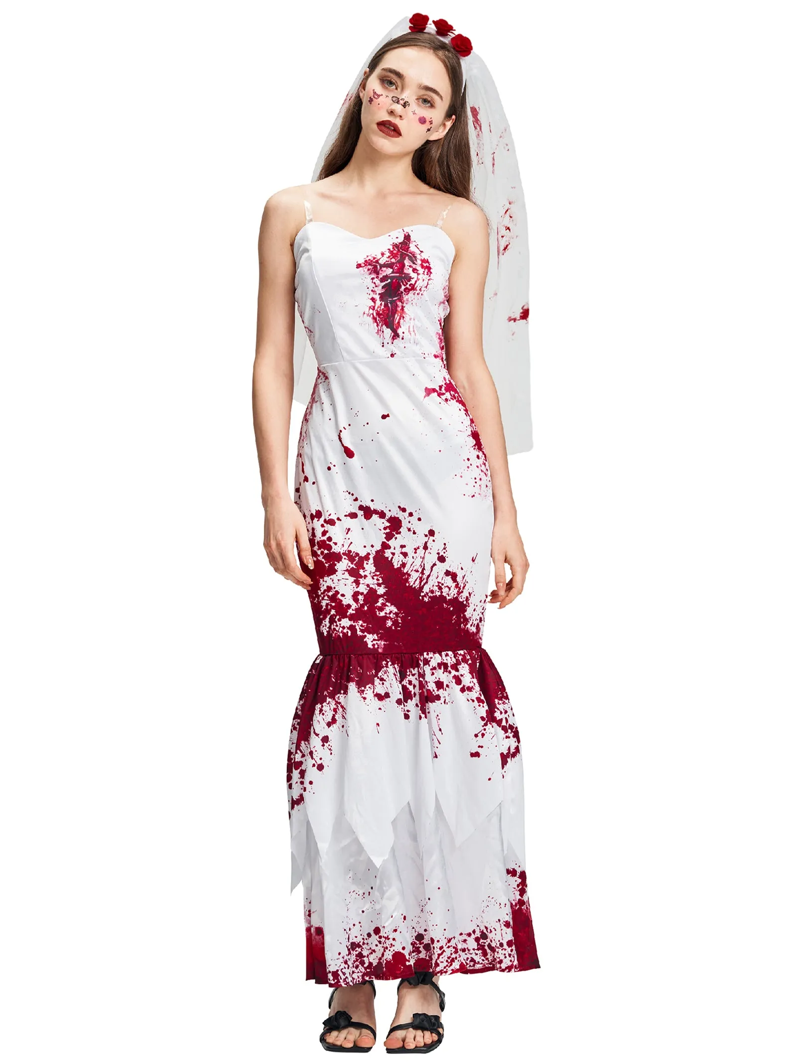 Women Zombie Bride Fishtail Dress Headband Set Halloween Costume