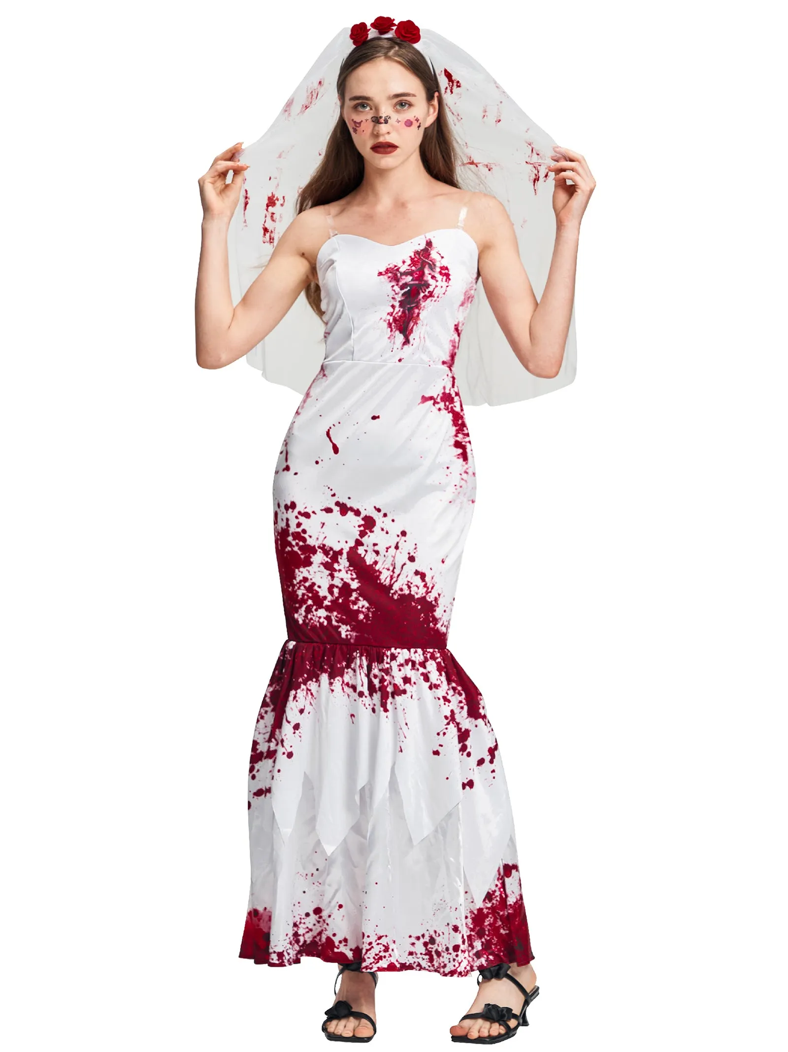 Women Zombie Bride Fishtail Dress Headband Set Halloween Costume
