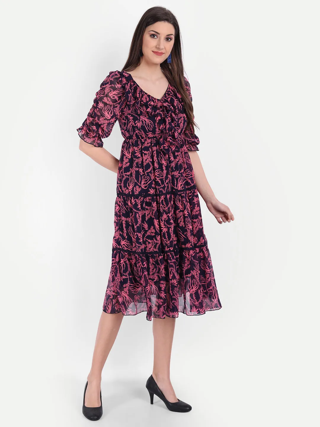 Women's Blue & Pink Floral Georgette Dress