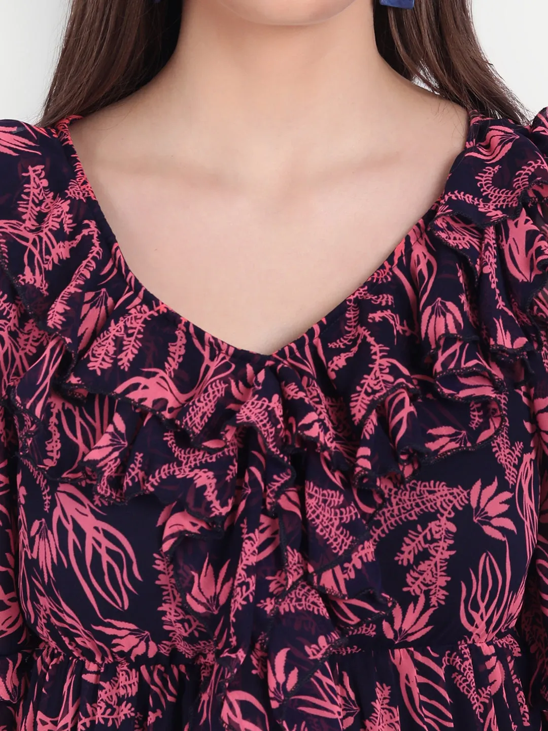 Women's Blue & Pink Floral Georgette Dress