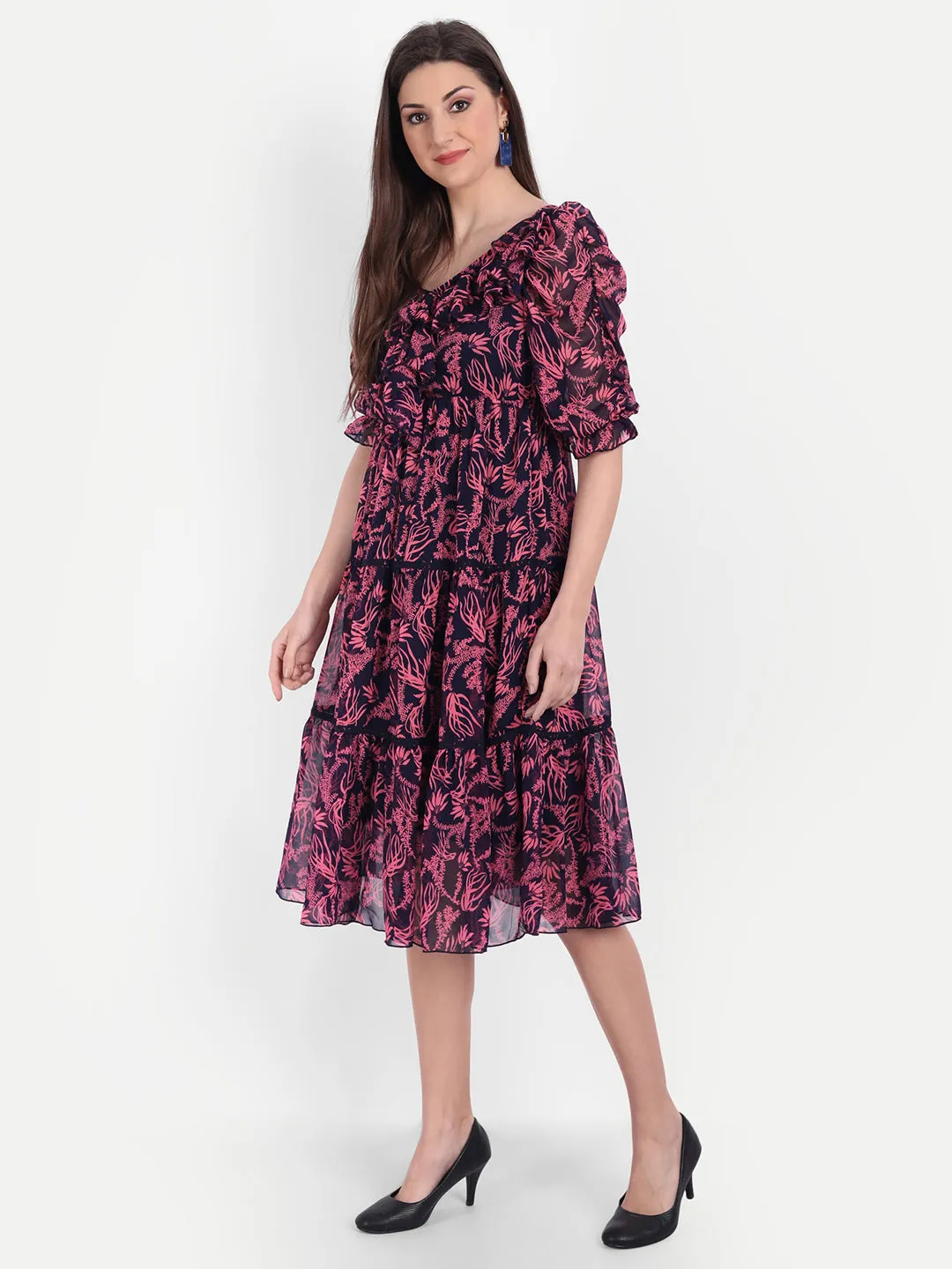 Women's Blue & Pink Floral Georgette Dress