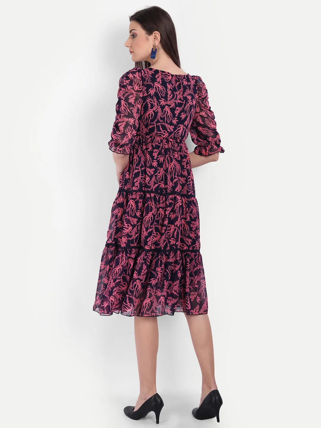 Women's Blue & Pink Floral Georgette Dress