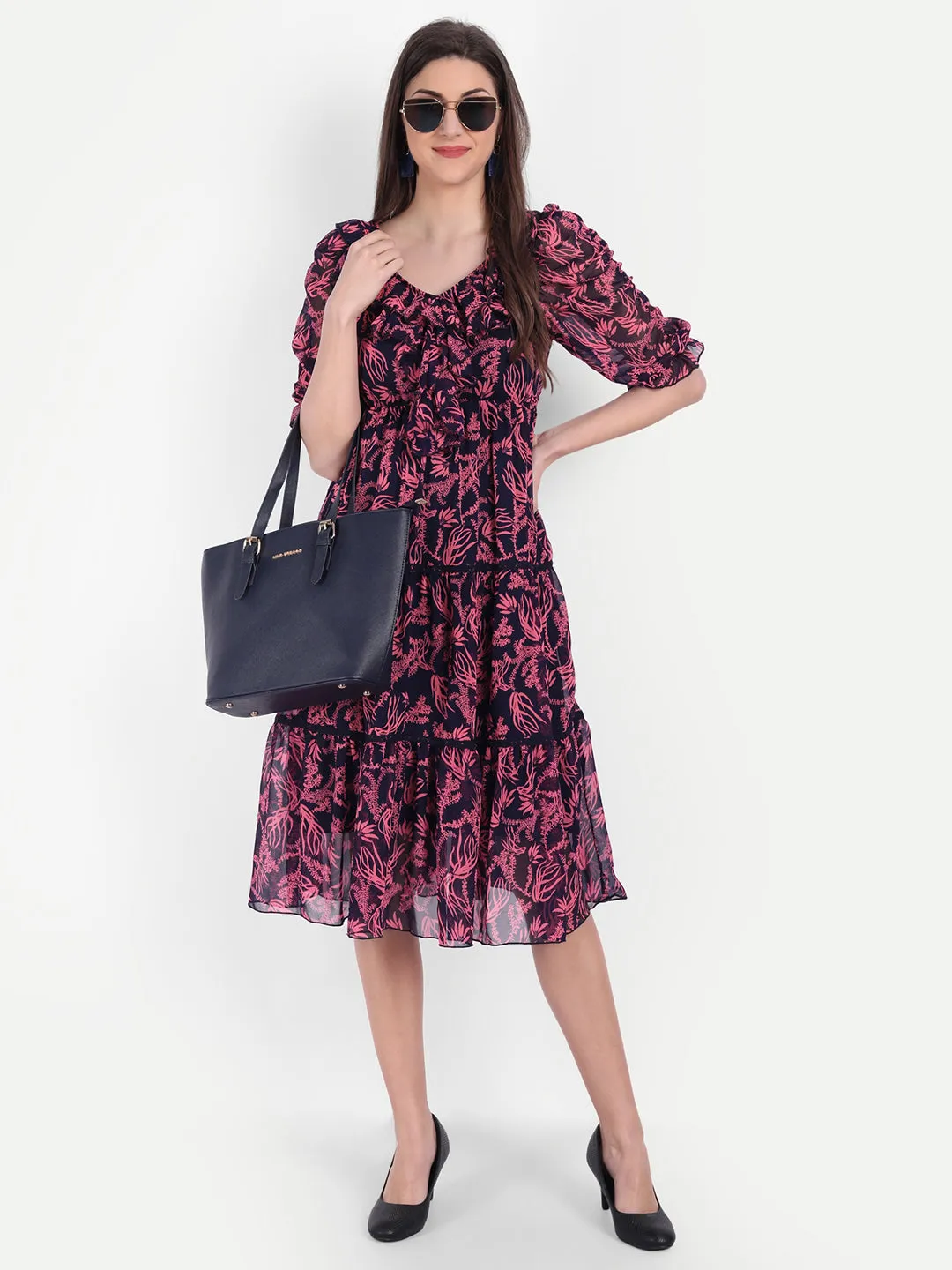 Women's Blue & Pink Floral Georgette Dress