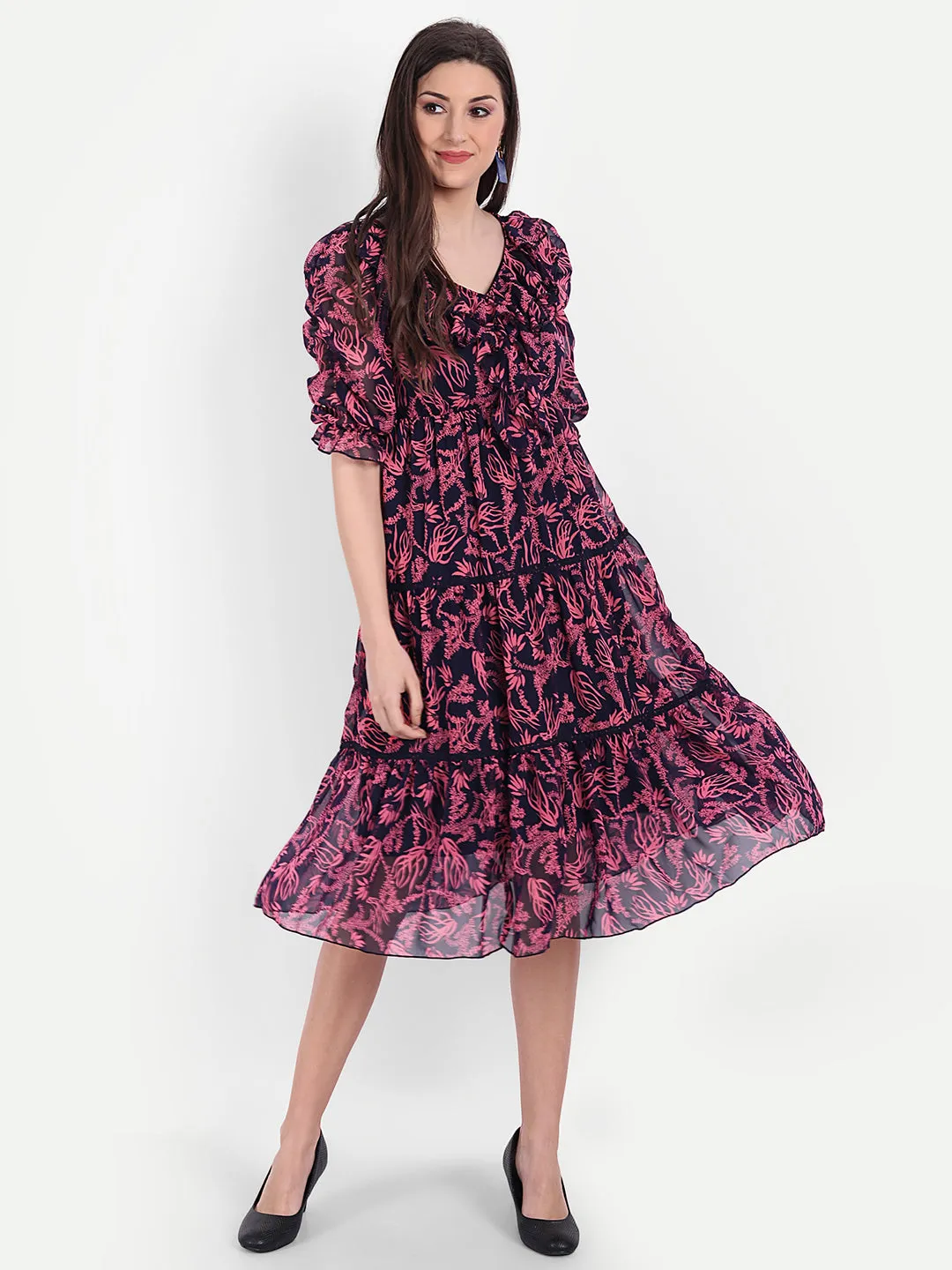 Women's Blue & Pink Floral Georgette Dress