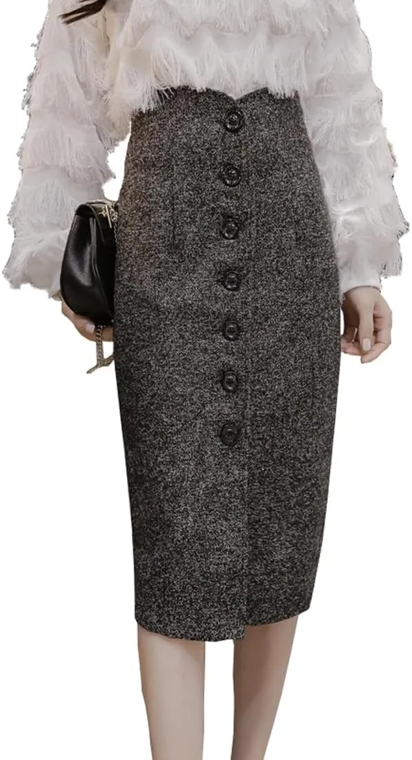 Women's Bodycon Hip-Wrapped Button Front High Waist Straight Pencil Skirt for Women Tummy Control Below The Knee