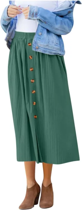 Women's Casual Elastic High Waisted Button Decor Skirt A-Line Pleated Flowy Beach Vacation Midi Long Skirts