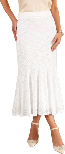 Women's Cocktail Skirts Wedding Guest 2025 Spring Lace Ruffle Hem Midi Mermaid Skirt