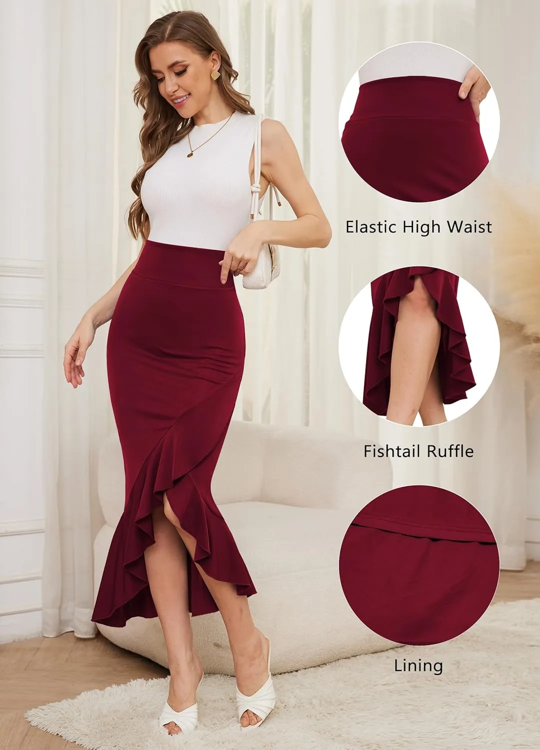 Women's Elegant Elastic High Waist Asymmetrical Fishtail Ruffle Split Office Bodycon Midi Business Pencil Skirt
