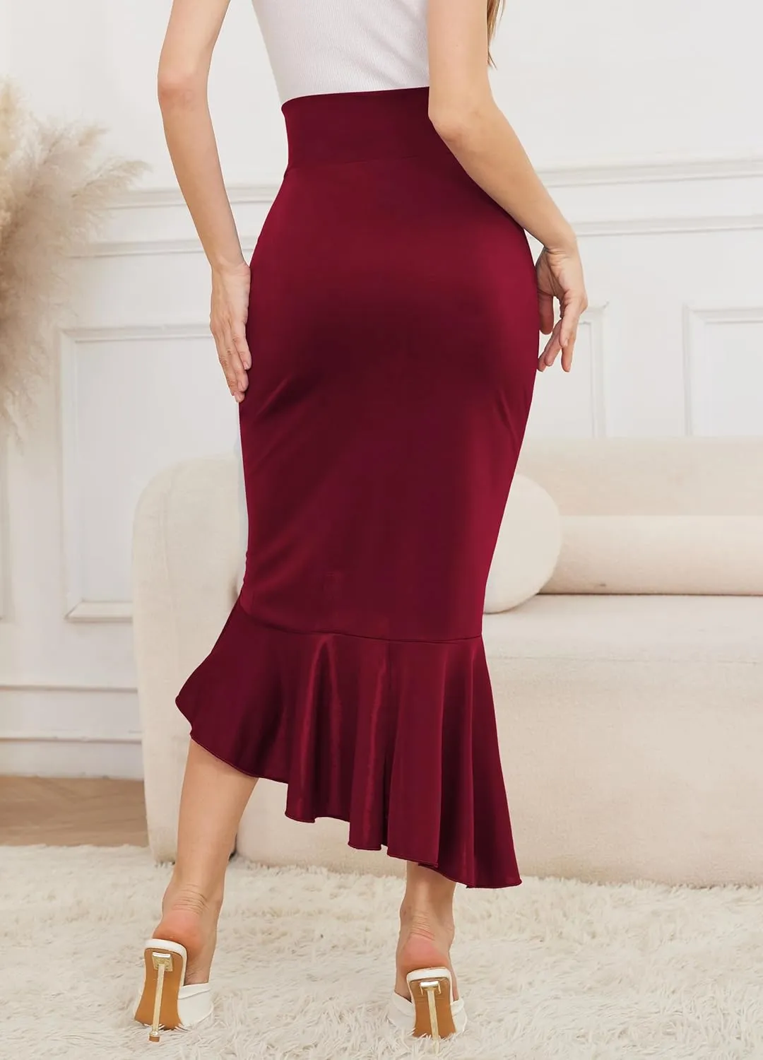 Women's Elegant Elastic High Waist Asymmetrical Fishtail Ruffle Split Office Bodycon Midi Business Pencil Skirt