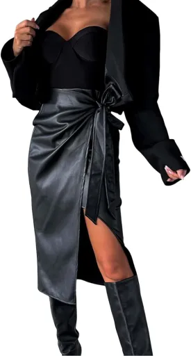 Womens Faux Leather Midi Skirt High Waisted Wrap Ruched Front Slit Zip Back Bodycon Skirts Pencil Skirt