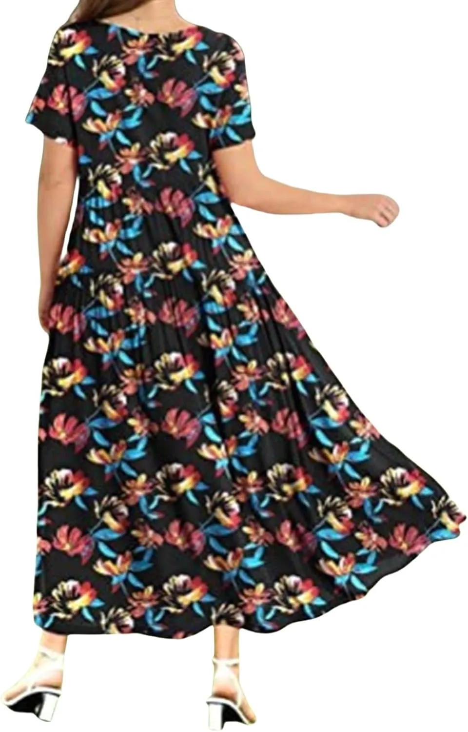 Women's Floral Maxi Dresses Boho Short Sleeve Crewneck Summer Casual Long Dress Flowy Beach Vacation Travel Dresses