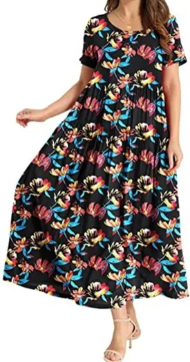 Women's Floral Maxi Dresses Boho Short Sleeve Crewneck Summer Casual Long Dress Flowy Beach Vacation Travel Dresses