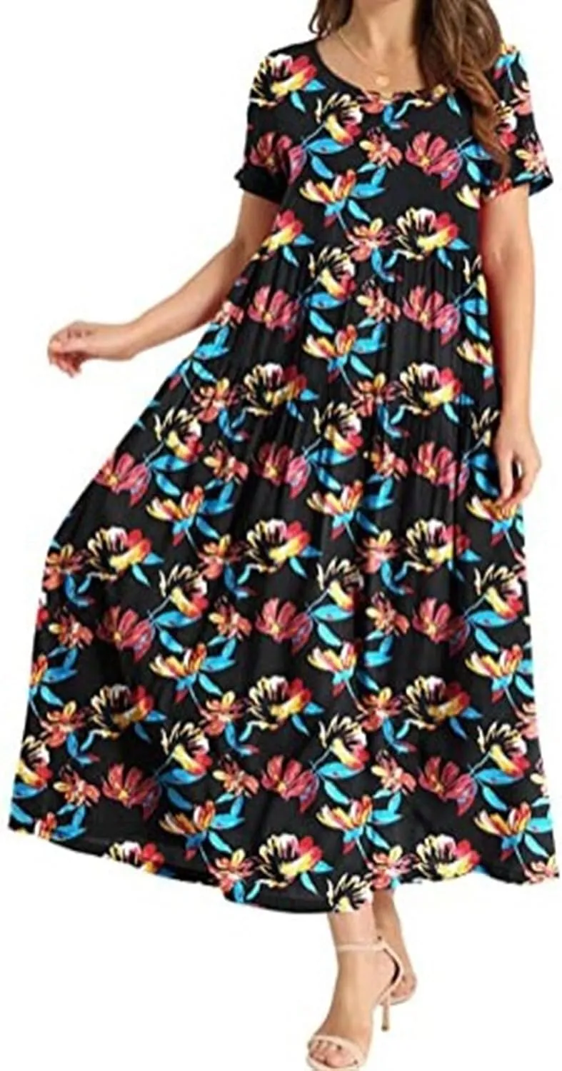 Women's Floral Maxi Dresses Boho Short Sleeve Crewneck Summer Casual Long Dress Flowy Beach Vacation Travel Dresses