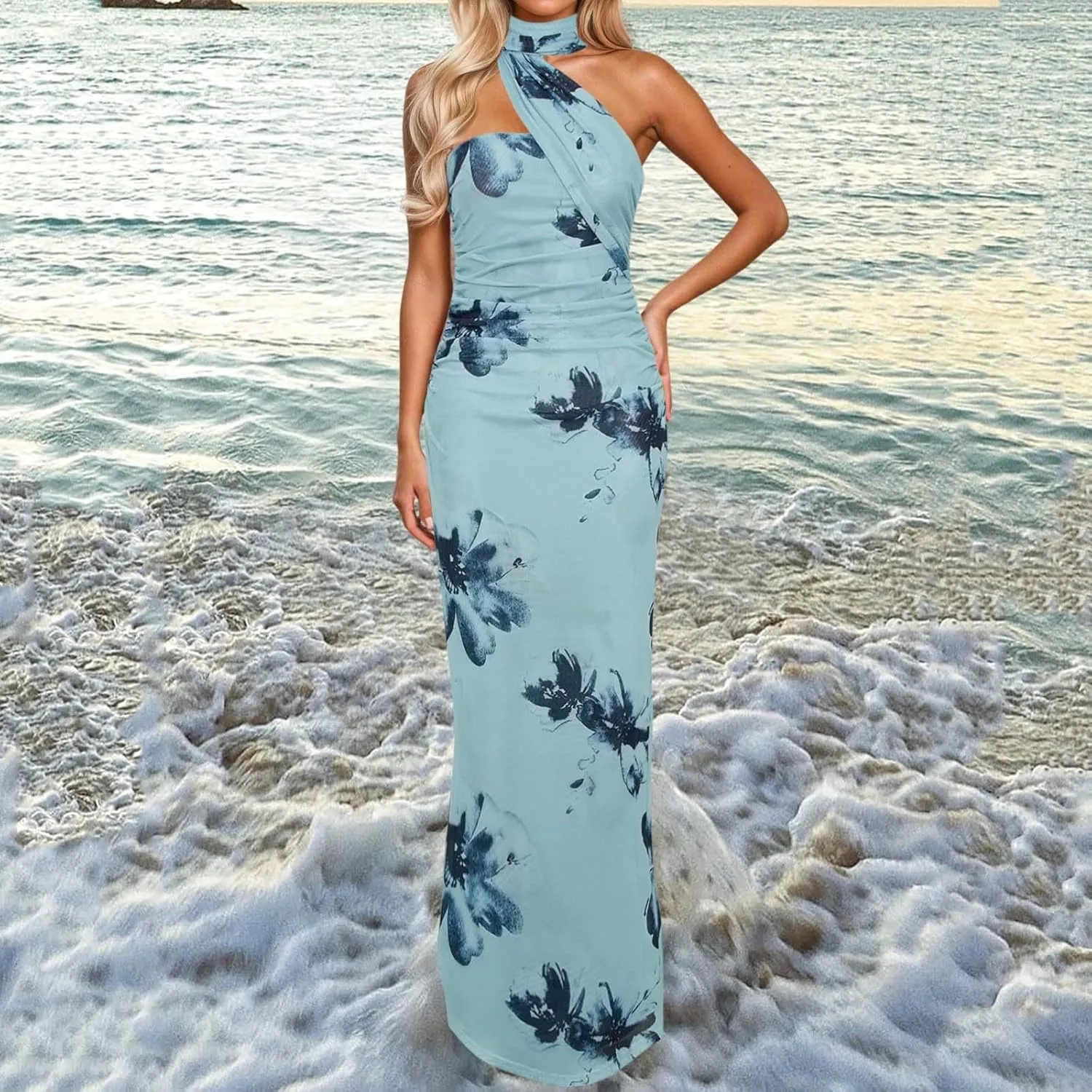 Womens Floral Strapless Dress Y2k Backless Sleeveless Tube Maxi Long Dresses Sexy Mesh Bodycon Summer Beachwear