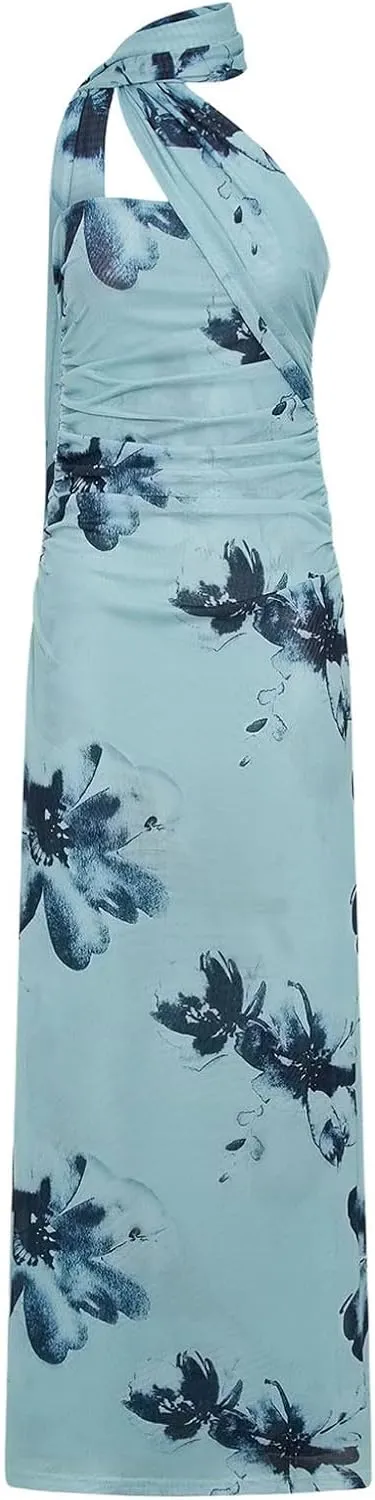 Womens Floral Strapless Dress Y2k Backless Sleeveless Tube Maxi Long Dresses Sexy Mesh Bodycon Summer Beachwear