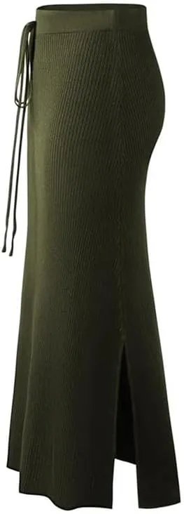 Womens Knit Long Skirts with Side Slit | Ribbed High Waist Stretch Skirt with Drawstring, Casual Solid Dresses
