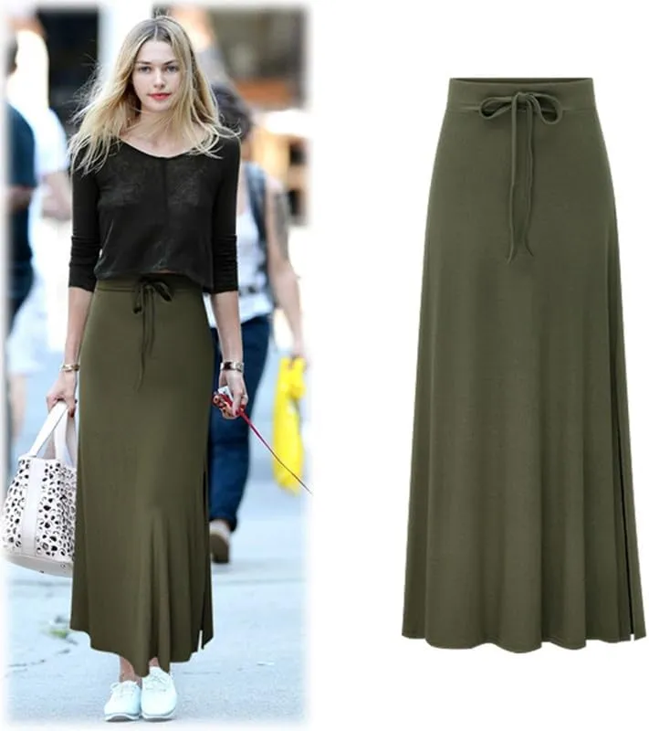 Womens Knit Long Skirts with Side Slit | Ribbed High Waist Stretch Skirt with Drawstring, Casual Solid Dresses