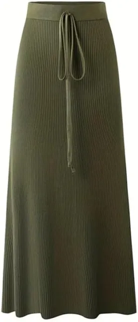 Womens Knit Long Skirts with Side Slit | Ribbed High Waist Stretch Skirt with Drawstring, Casual Solid Dresses