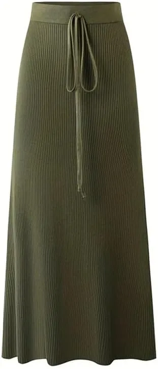 Womens Knit Long Skirts with Side Slit | Ribbed High Waist Stretch Skirt with Drawstring, Casual Solid Dresses