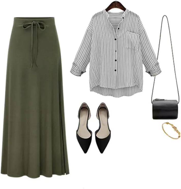 Womens Knit Long Skirts with Side Slit | Ribbed High Waist Stretch Skirt with Drawstring, Casual Solid Dresses