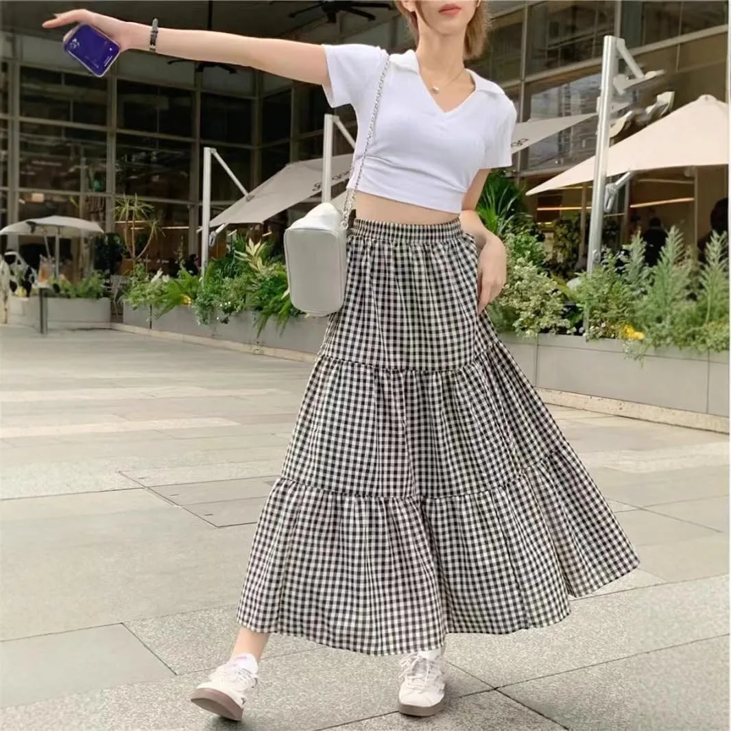 Women's Long Dresses Summer Retro Plaid A-Line Skirt