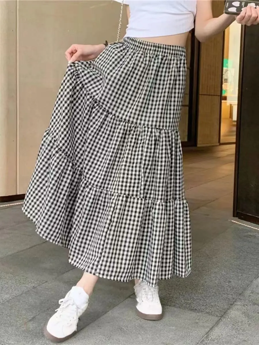 Women's Long Dresses Summer Retro Plaid A-Line Skirt