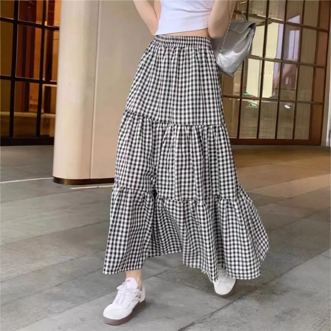Women's Long Dresses Summer Retro Plaid A-Line Skirt